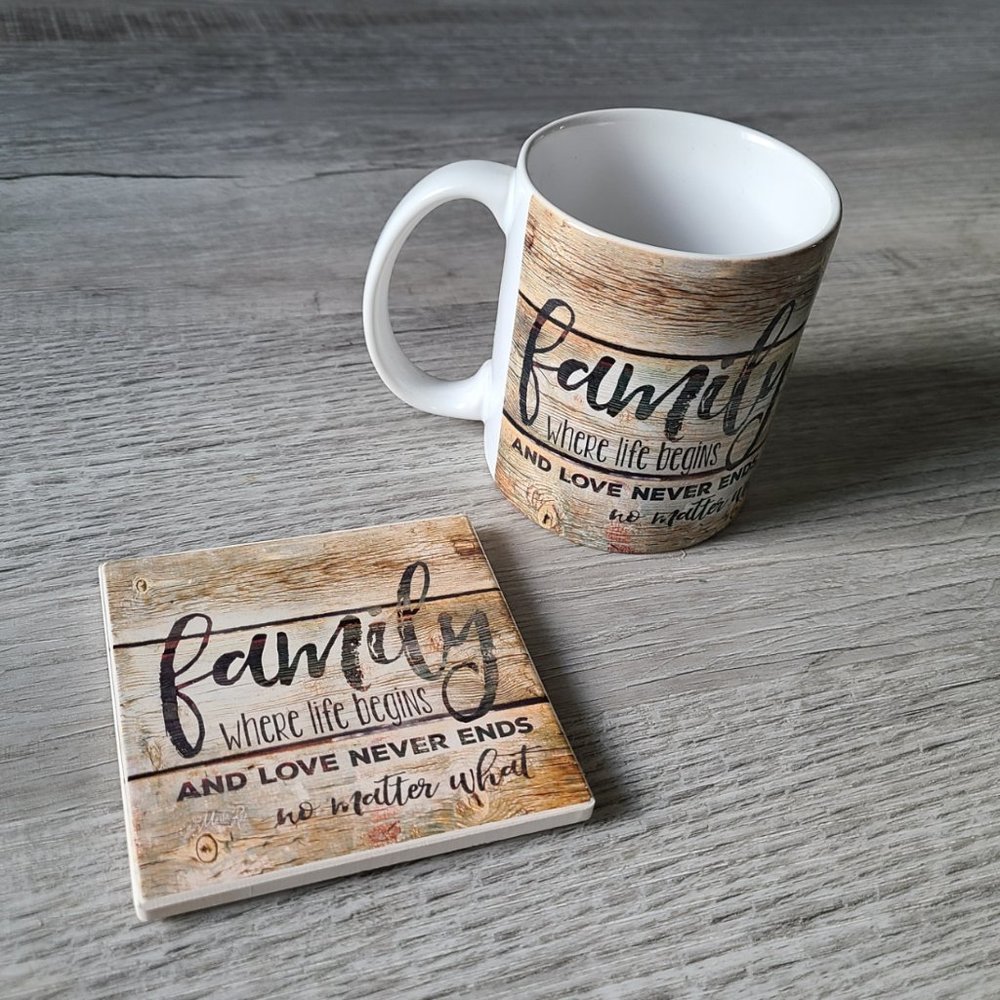 Counter Art Ceramic Mug, Stone Coaster Set, Family Where Life Begins